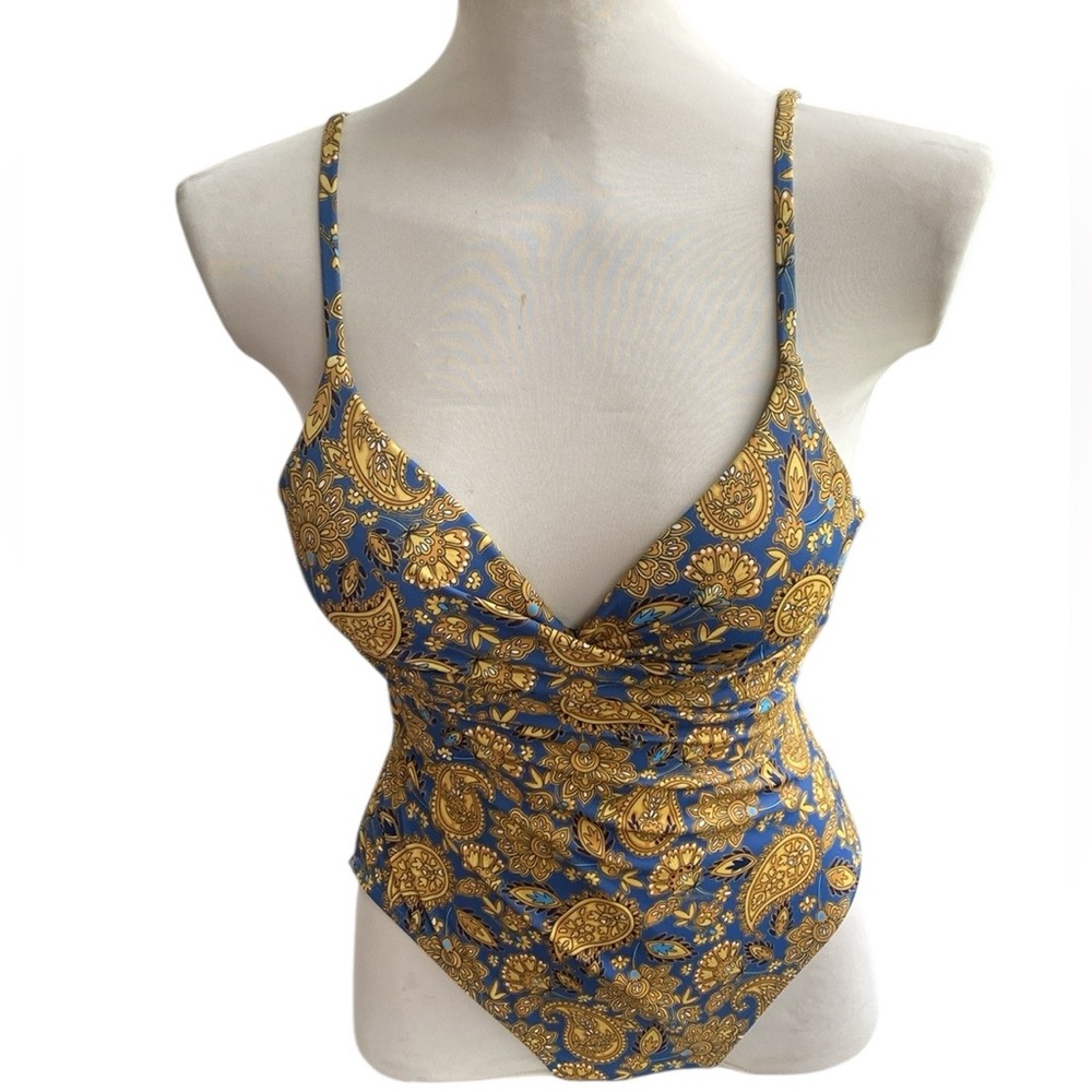 Boden 32A Capri blue and gold Paisley print One Piece Swimsuit XS